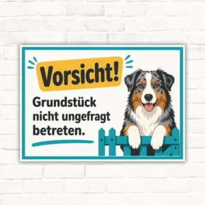 Hundeschild mit Australian Shepherd und Wortlaut „Vorsicht! Grundstück nicht ungefragt betreten.“ im Querformat.