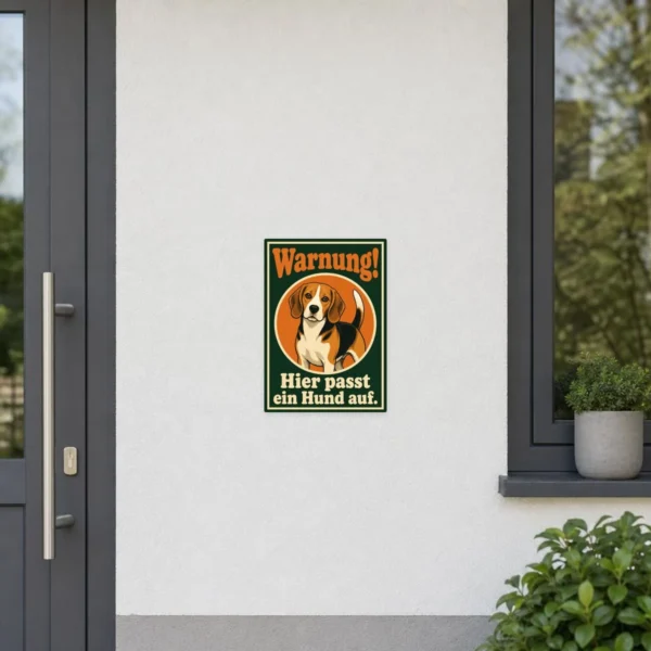 KI-generiertes Anwendungsbeispiel: Beagle Aufkleber Warnung! Hier passt ein Hund auf an einer Eingangstür.