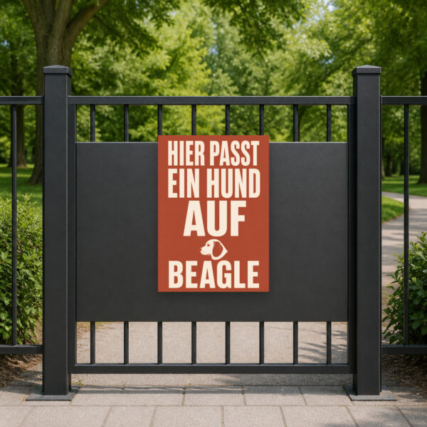 KI-generiertes Anwendungsbeispiel: Hundeschild mit Beagle und dem Spruch „Warnung! Hier passt ein Hund auf.“ am Gartenzaun.