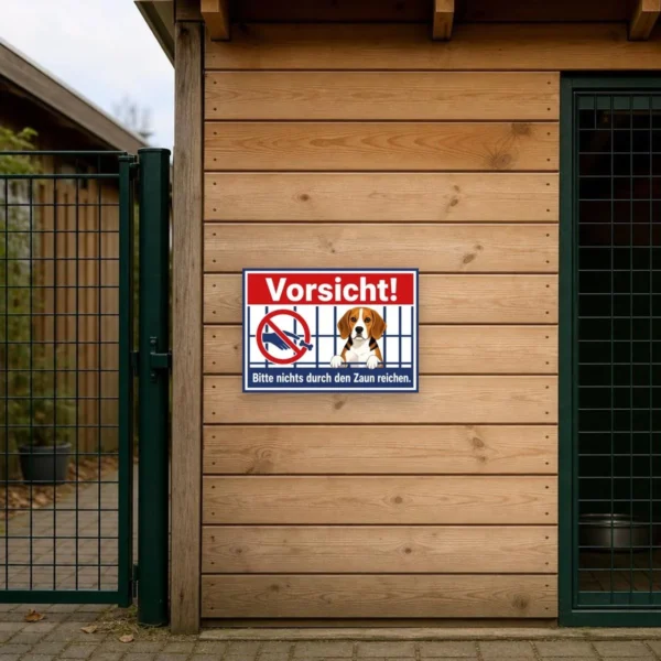 KI-generiertes Anwendungsbeispiel: Beagle-Hundeschild „Vorsicht! Bitte nichts durch den Zaun reichen.“ am Zaun.