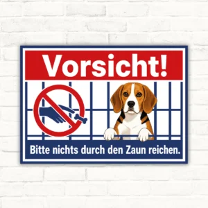 Hundeschild mit Beagle am Zaun und Text „Vorsicht! Bitte nichts durch den Zaun reichen.“ im Querformat.