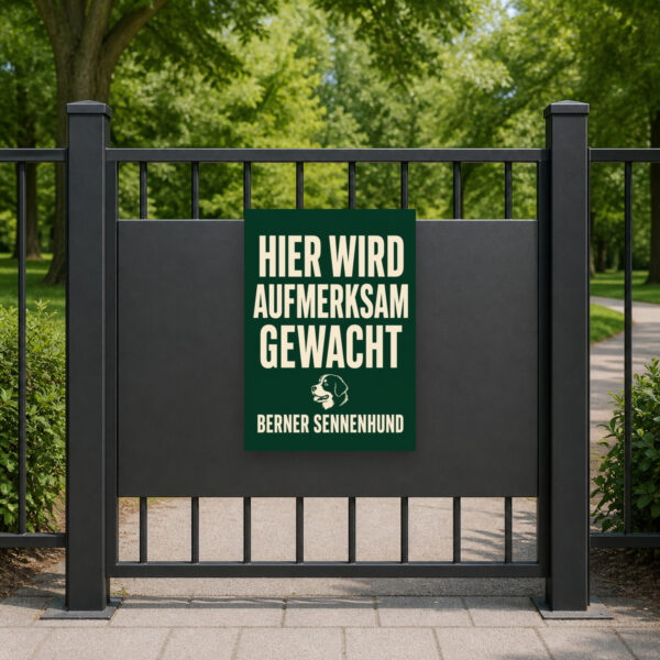 KI-generiertes Anwendungsbeispiel: Berner-Sennenhund-Schild „Achtung! Hier wird aufmerksam gewacht.“ an einer Wand.