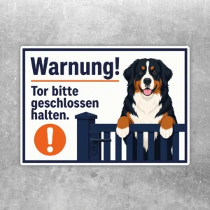 Tor geschlossen halten Aufkleber mit Berner Sennenhund, Warntext, Zaunmotiv und orangefarbenem Ausrufezeichen.