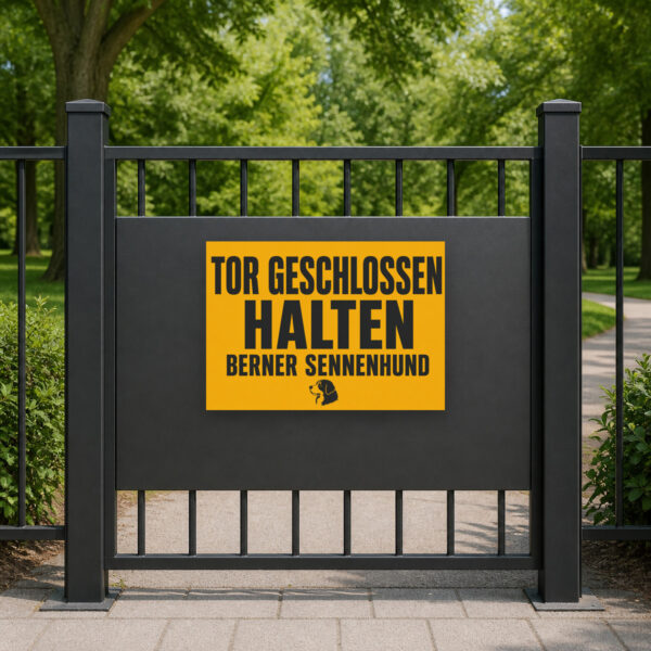 KI-generiertes Anwendungsbeispiel: Berner-Sennenhund-Schild „Warnung! Tor bitte geschlossen halten.“ als Produktschild am Tor.