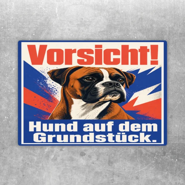 Aufkleber mit Boxer-Motiv und Text Vorsicht Hund auf dem Grundstück in Rot, Blau, Weiß, Orange und Schwarz.
