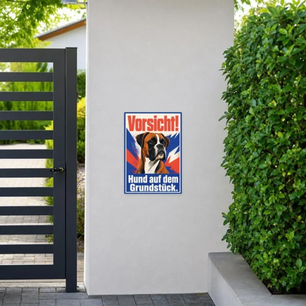 KI-generiertes Anwendungsbeispiel: Hund auf dem Grundstück Aufkleber mit Boxer-Motiv an einer grauen Metallfläche.