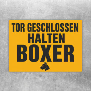 Querformatiger Aufkleber mit Text Achtung, Bitte Tor geschlossen halten und illustriertem Boxer rechts.