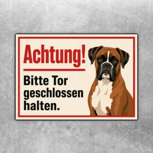 Querformatiger Aufkleber mit Text Achtung, Bitte Tor geschlossen halten und illustriertem Boxer rechts.
