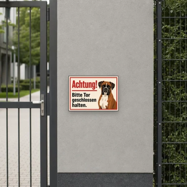 KI-generiertes Anwendungsbeispiel: Boxer-Hundeschild „Achtung! Bitte Tor geschlossen halten.“ an weißer Wand gezeigt.