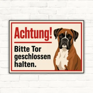 Hundeschild im Querformat mit Boxer und Text „Achtung! Bitte Tor geschlossen halten.“ als Schild für Zaun oder Tor.