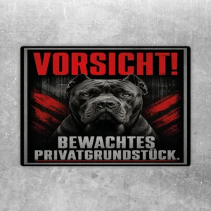 Aufkleber mit Cane Corso, rotem Vorsicht-Schriftzug und Text Bewachtes Privatgrundstück auf dunklem Hintergrund.