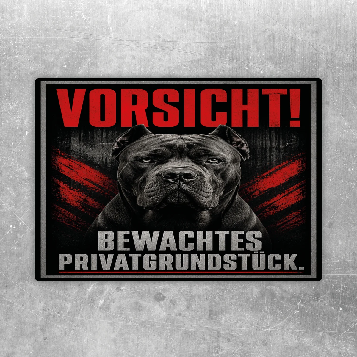 Aufkleber mit Cane Corso, rotem Vorsicht-Schriftzug und Text Bewachtes Privatgrundstück auf dunklem Hintergrund.