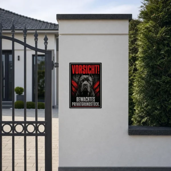 KI-generiertes Anwendungsbeispiel: Cane-Corso-Aufkleber Vorsicht Bewachtes Privatgrundstück auf grauer Fläche.