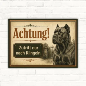Cane Corso Schild mit Text „Achtung! Zutritt nur nach Klingeln.“ als bedrucktes Hundeschild im Querformat.