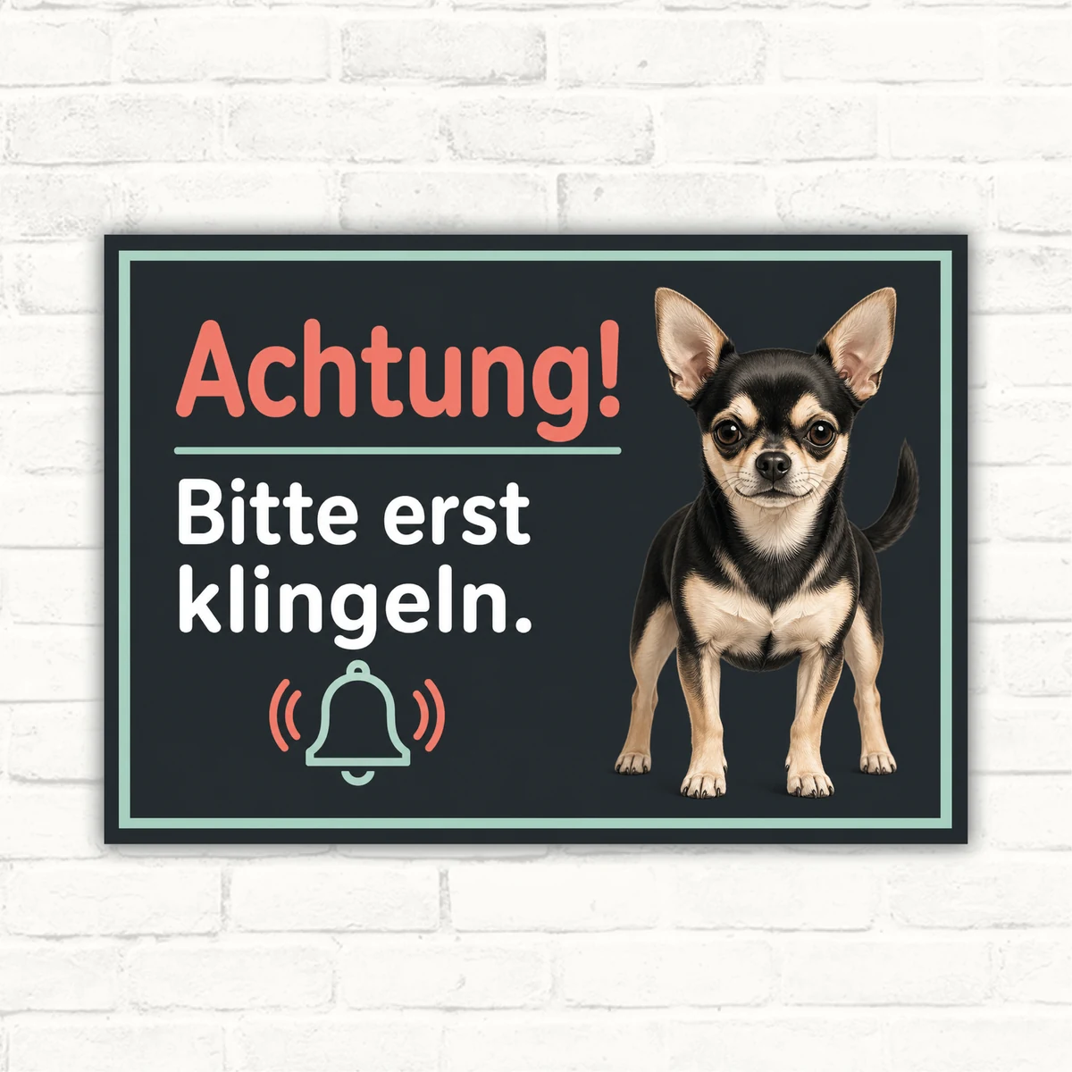 Chihuahua Schild im Querformat mit Text „Achtung! Bitte erst klingeln.“ und Glockensymbol auf dunklem Hintergrund.
