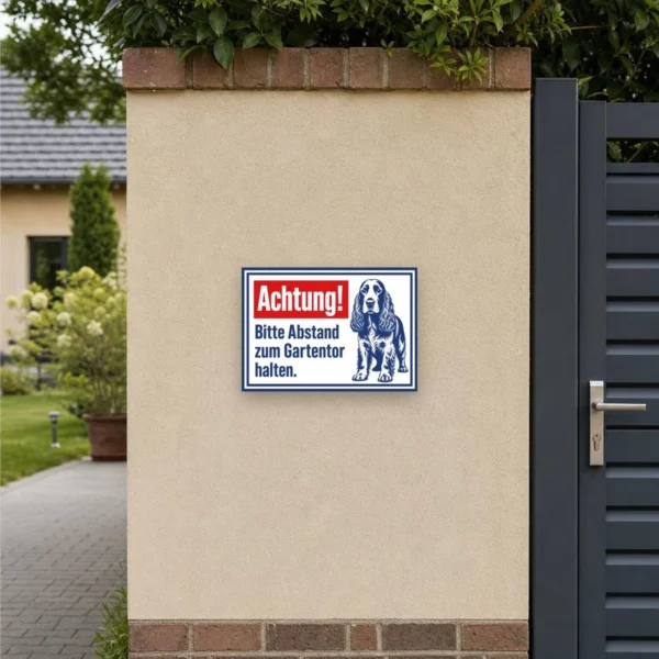 KI-generiertes Anwendungsbeispiel: Cocker-Spaniel-Schild „Achtung! Bitte Abstand zum Gartentor halten.“ am Zaun.