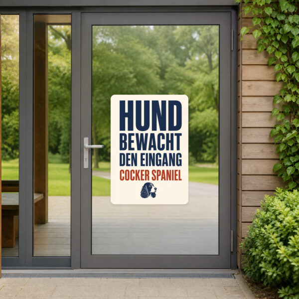 KI-generiertes Anwendungsbeispiel: Cocker-Spaniel-Aufkleber „Vorsicht! Hund bewacht den Eingang.“ an einer Tür.