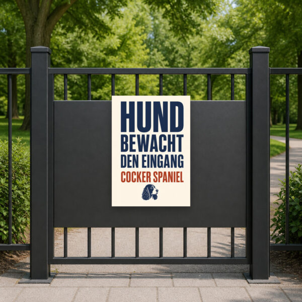 KI-generiertes Anwendungsbeispiel: Hundeschild mit Cocker Spaniel und Wortlaut „Vorsicht! Hund bewacht den Eingang.“ am Eingang.
