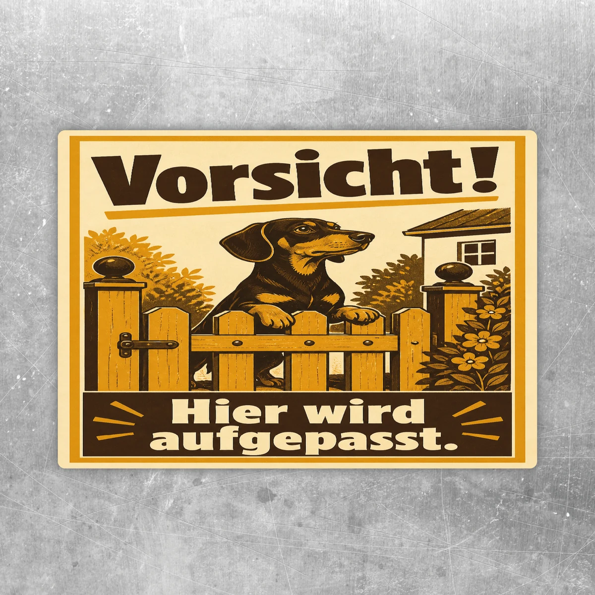 Dackel Aufkleber mit Text „Vorsicht! Hier wird aufgepasst.“ in Gelb, Schwarz und Braun für Tür oder Gartentor.