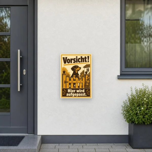 KI-generiertes Anwendungsbeispiel: Hundeschild Dackel „Vorsicht! Hier wird aufgepasst.“ am passenden Einsatzort mit gut sichtbarem Motiv und klarer Beschriftung.