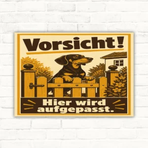 Hundeschild Dackel „Vorsicht! Hier wird aufgepasst.“ mit gut lesbarem Motiv und klarer Beschriftung als bedrucktes Schild aus Aluminium-Verbundplatte.