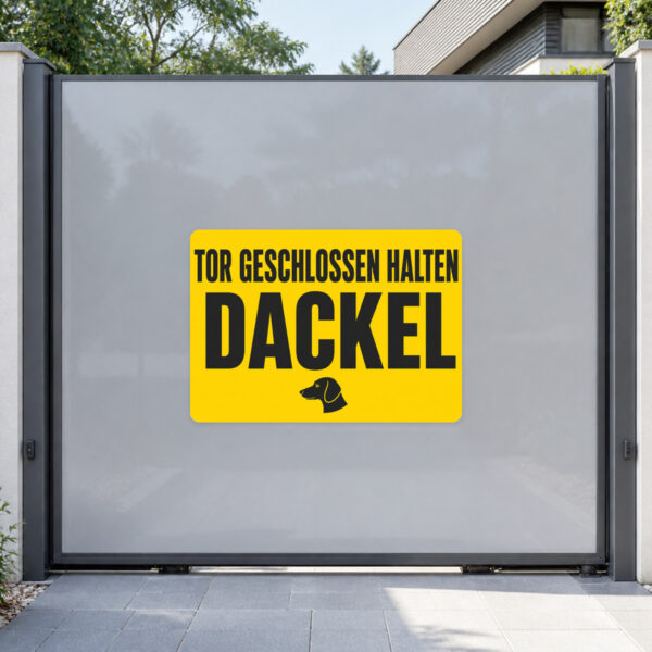 KI-generiertes Anwendungsbeispiel: Dackel-Aufkleber „Warnung! Tor geschlossen halten.“ sichtbar an einem Gartentor.