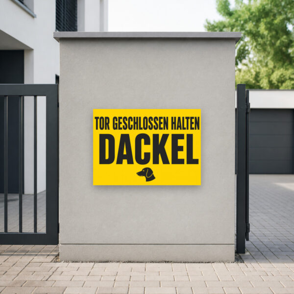 KI-generiertes Anwendungsbeispiel: Dackel-Schild „Warnung! Tor geschlossen halten.“ am Hoftor vor heller Ziegelwand.