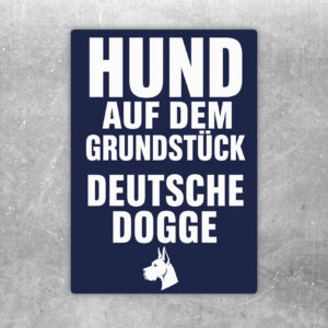 Warnung Hund auf dem Grundstück Aufkleber im Hochformat mit dunkelblauer Deutsche-Dogge-Silhouette auf Cremegrund.