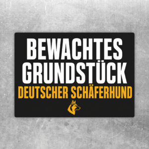 Aufkleber Achtung Bewachtes Grundstück mit Deutschem Schäferhund, dunkelblau-gelb im Querformat.