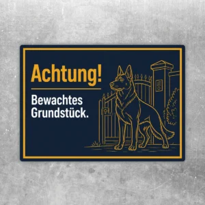 Aufkleber Achtung Bewachtes Grundstück mit Deutschem Schäferhund, dunkelblau-gelb im Querformat.