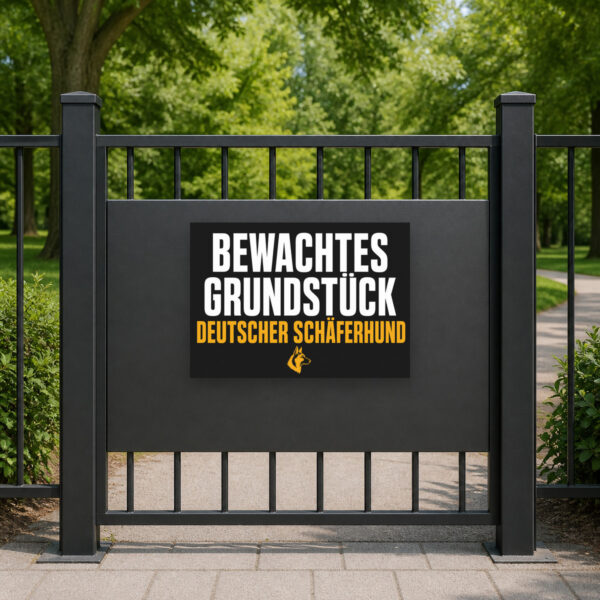 KI-generiertes Anwendungsbeispiel: Schild „Achtung! Bewachtes Grundstück.“ mit Schäferhund-Motiv als robustes Zaunschild.