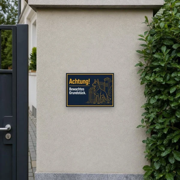 KI-generiertes Anwendungsbeispiel: Schild „Achtung! Bewachtes Grundstück.“ mit Schäferhund-Motiv als robustes Zaunschild.