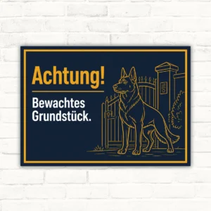 Querformatiges Schild mit Text „Achtung! Bewachtes Grundstück.“ und Deutschem Schäferhund vor Zaun auf dunklem Hintergrund.