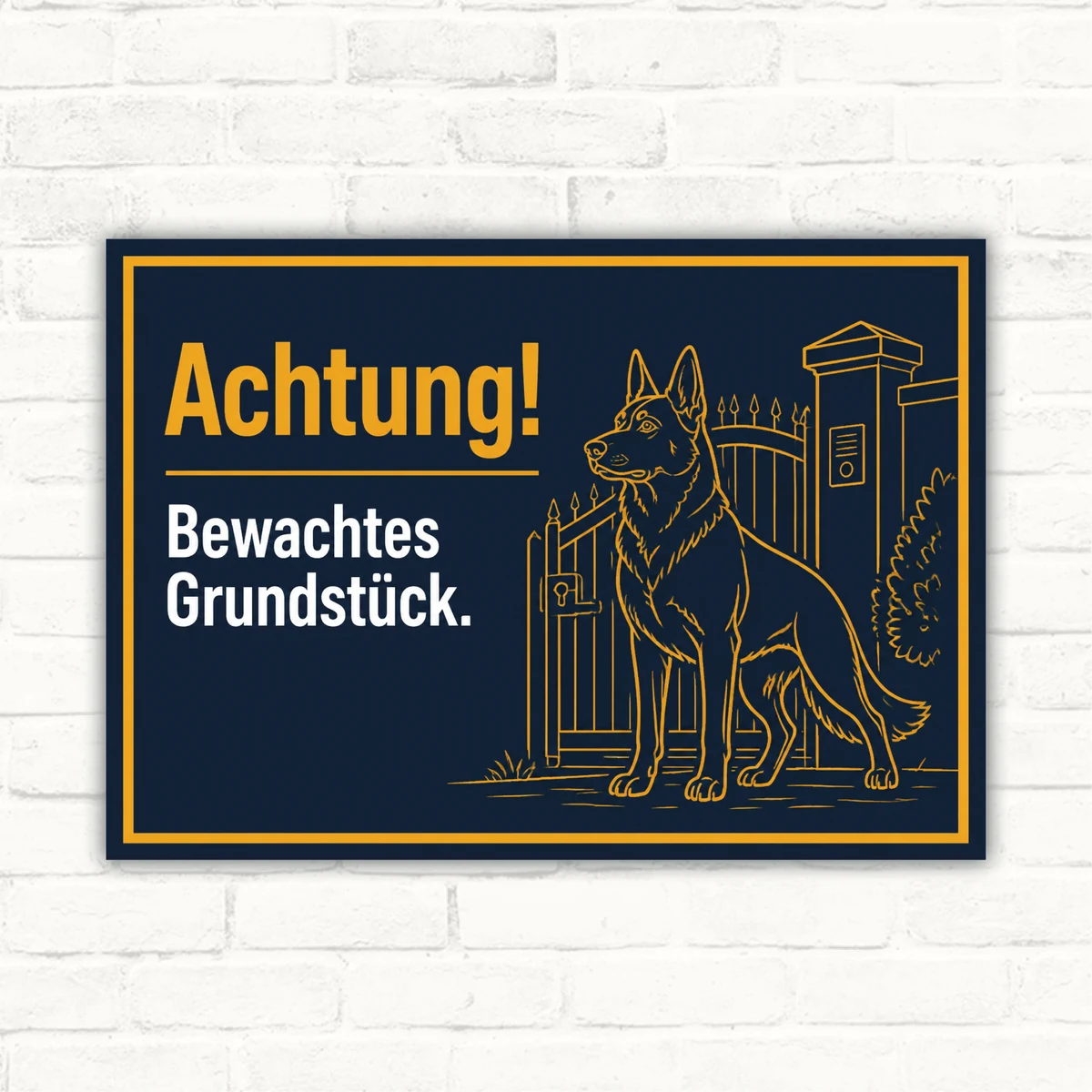 Querformatiges Schild mit Text „Achtung! Bewachtes Grundstück.“ und Deutschem Schäferhund vor Zaun auf dunklem Hintergrund.