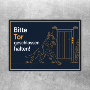 Bitte Tor geschlossen halten Aufkleber mit Deutschem Schäferhund, dunkelblau-orange im Querformat am Tor.
