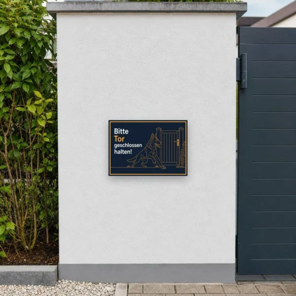 KI-generiertes Anwendungsbeispiel: Bitte Tor geschlossen halten Schild – Deutscher Schäferhund am passenden Einsatzort mit gut sichtbarem Motiv und klarer Beschriftung.