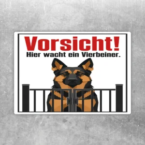 Vorsicht Hund Aufkleber mit Deutschem Schäferhund hinter Zaun und Text Hier wacht ein Vierbeiner in Rot und Schwarz.