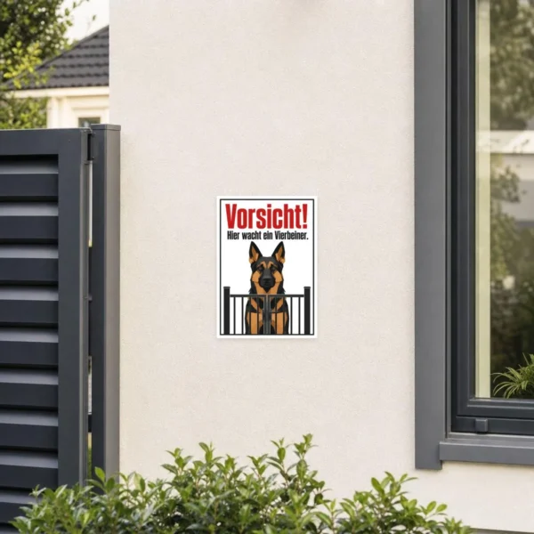 KI-generiertes Anwendungsbeispiel: Vorsicht Hund Aufkleber Deutscher Schäferhund gut sichtbar an einem Eingangstor montiert.
