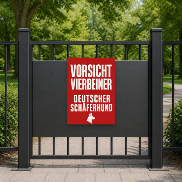 KI-generiertes Anwendungsbeispiel: Vorsicht Hund Schild mit Schäferhund und Text „Hier wacht ein Vierbeiner.“ am Eingang.