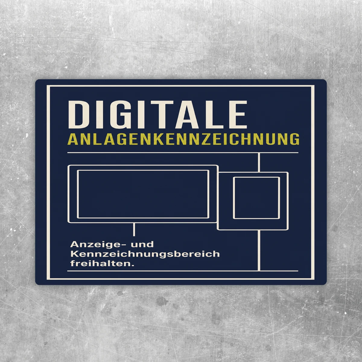 Dunkelblauer Aufkleber Digitale Anlagenkennzeichnung mit Hinweis Anzeige- und Kennzeichnungsbereich freihalten.