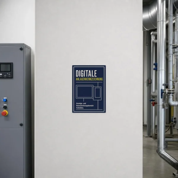 KI-generiertes Anwendungsbeispiel: Aufkleber Digitale Anlagenkennzeichnung an Technikfläche mit freizuhaltendem Bereich.