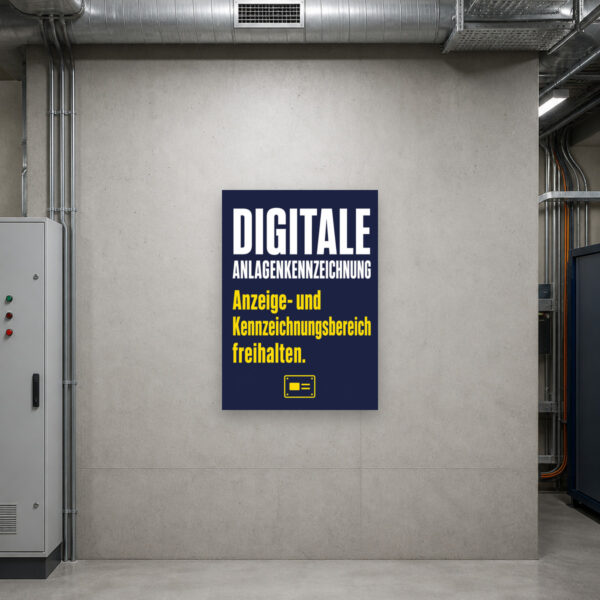 KI-generiertes Anwendungsbeispiel: Digitale Anlagenkennzeichnung Schild für freizuhaltende Anzeige- und Kennzeichnungsbereiche.