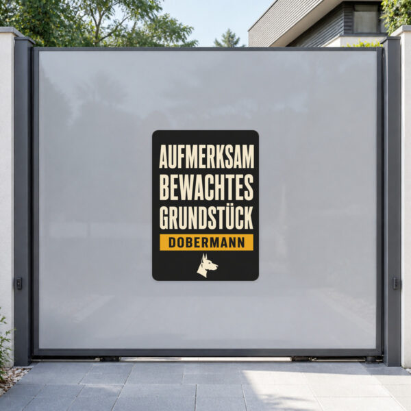 KI-generiertes Anwendungsbeispiel: Dobermann Aufkleber Achtung aufmerksam bewachtes Grundstück an grauer Fläche.