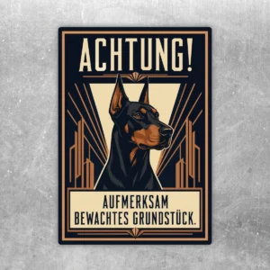 Aufkleber mit Dobermann, Text Achtung aufmerksam bewachtes Grundstück, schwarz-beige-braunes Warnmotiv.