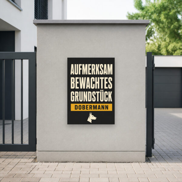 KI-generiertes Anwendungsbeispiel: Hundeschild „Achtung! Aufmerksam bewachtes Grundstück“ mit Dobermann am passenden Einsatzort mit gut sichtbarem Motiv und klarer Beschriftung.
