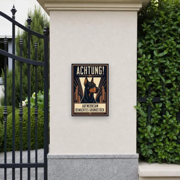 KI-generiertes Anwendungsbeispiel: Hundeschild „Achtung! Aufmerksam bewachtes Grundstück“ mit Dobermann am passenden Einsatzort mit gut sichtbarem Motiv und klarer Beschriftung.