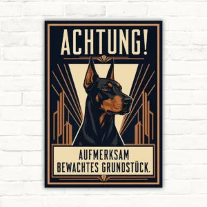 Hundeschild „Achtung! Aufmerksam bewachtes Grundstück“ mit Dobermann mit gut lesbarem Motiv und klarer Beschriftung als bedrucktes Schild aus Aluminium-Verbundplatte.