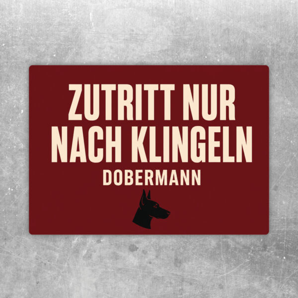 Dobermann Aufkleber im Querformat mit Text Warnung Zutritt nur nach Klingeln in Beige, Rot, Schwarz und Weiß.