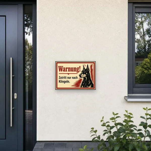 KI-generiertes Anwendungsbeispiel: Dobermann Schild „Warnung! Zutritt nur nach Klingeln.“ an einer hellen Wand montiert.