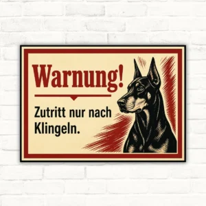 Dobermann Schild im Querformat mit Wortlaut „Warnung! Zutritt nur nach Klingeln.“ als Hundewarnschild.